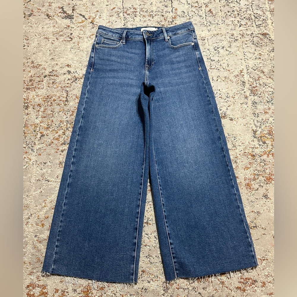 Women's Blue Wide Leg Crop Hidden Jeans Denim size 28 Raw Edge “Hem”